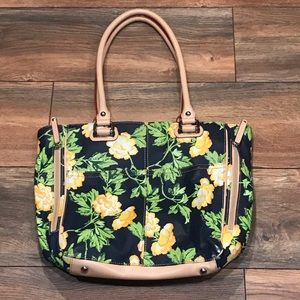 Tignanello Blue & Yellow Floral Leather Tote Purse